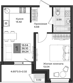 1-комн., 36.1 м², 5/8 этаж, ЖК «МОНО квартал»