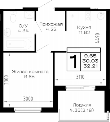 1-комн., 30.03 м², 2/4 этаж, ЖК «Усадьба Гостагаевская»