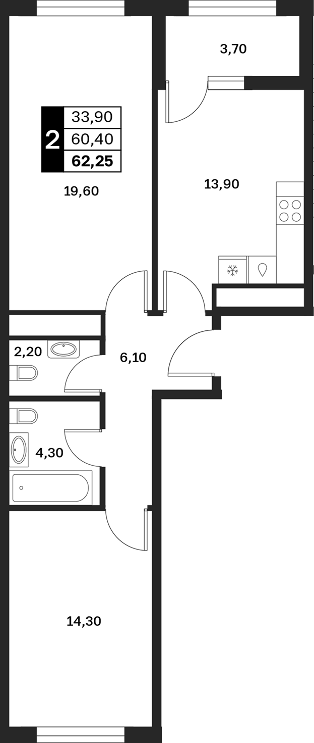 2-комн., 60.4 м², 8/9 этаж, ЖК «Аксис Патриот»