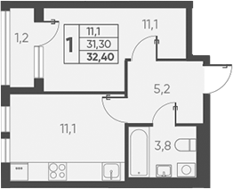 1-комн., 31.2 м², 8/15 этаж, ЖК «Барса»