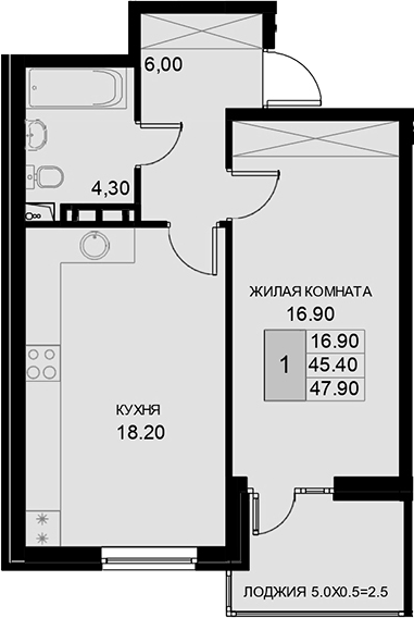 Продается 1-комн. квартира, 45.4 м²