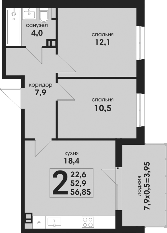 3-комн., 52.9 м², 3/4 этаж, ЖК «Новая Елизаветка»