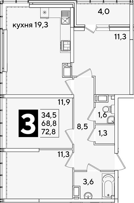 4+ комнаты, 68.8 м², 15/16 этаж, ЖК «Самолет»