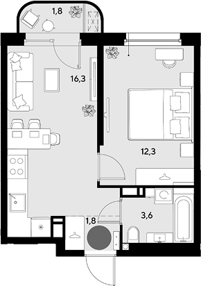 2-комн., 34 м², 8/16 этаж, ЖК «Грейд»