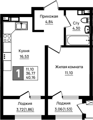 1-комн., 36.77 м², 3/9 этаж, ЖК «Резиденция морей»