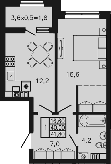 1-комн., 40 м², 2/4 этаж, ЖК «Экосфера»