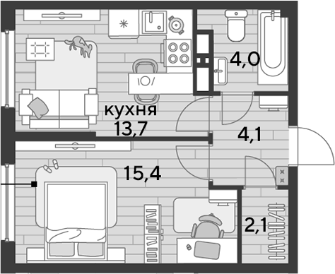 1-комн., 39.3 м², 13/16 этаж, ЖК «DОГМА ПАРК»