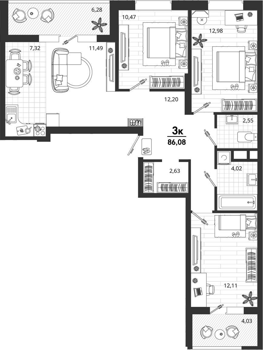 3-комн., 75.77 м², 12/18 этаж, ЖК «Родные Просторы»