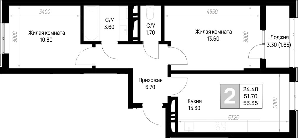 2-комн., 51.7 м², 7/12 этаж, ЖК «На высоком берегу»