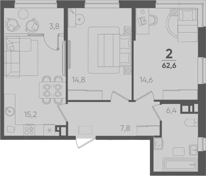2-комн., 58.8 м², 6/9 этаж, ЖК «Барса»