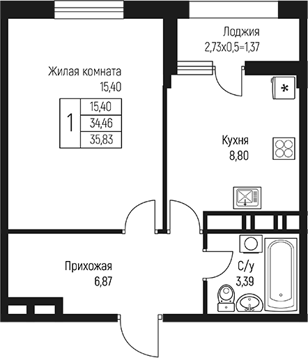 1-комн., 34.46 м², 9/10 этаж, ЖК «Ритм»