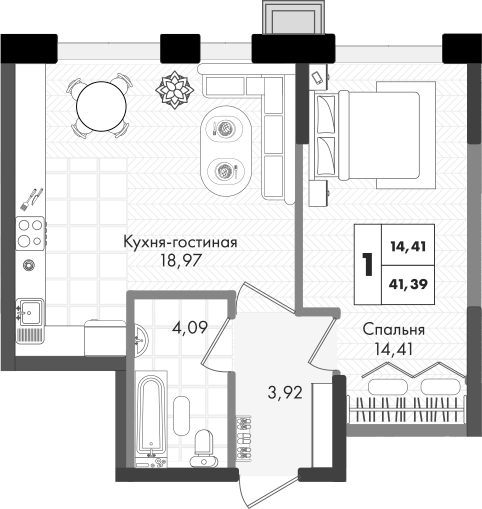 2-комн., 41.39 м², 3/9 этаж, ЖК «Зеленая территория»