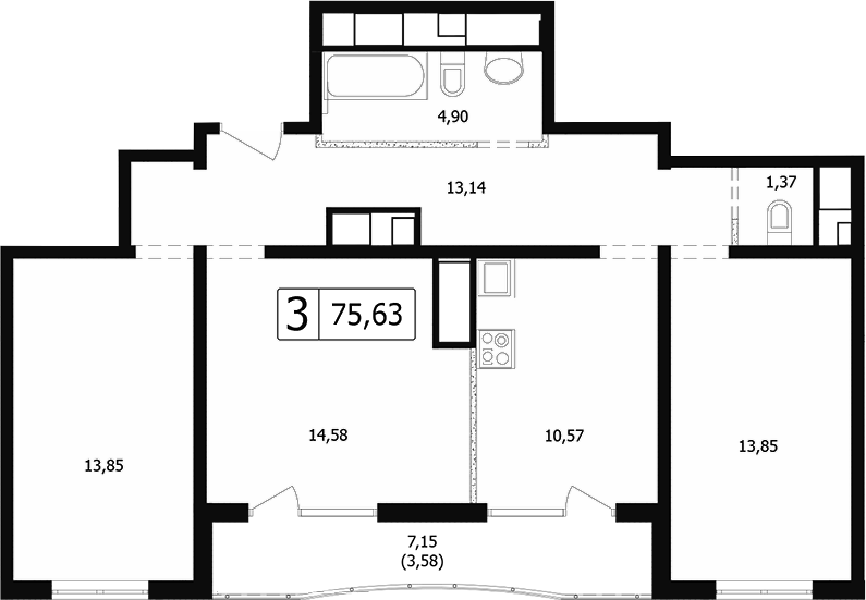 3-комн., 68.12 м², 22/24 этаж, ЖК «Парусная регата»