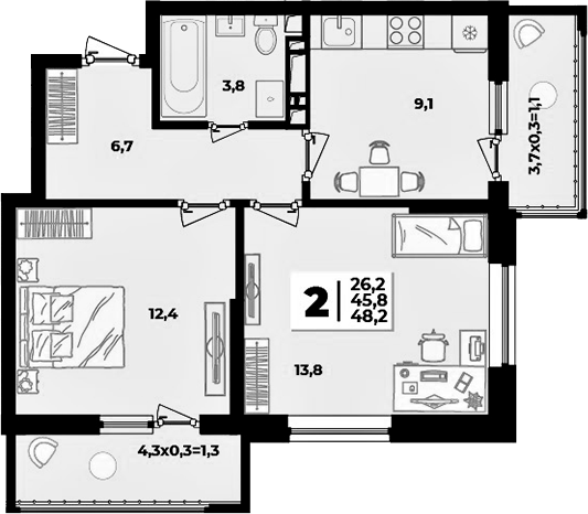 2-комн., 45.8 м², 2/9 этаж, ЖК «Лето»