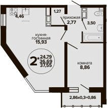 2-комн., 36.69 м², 3/24 этаж, ЖК «Гулливер»