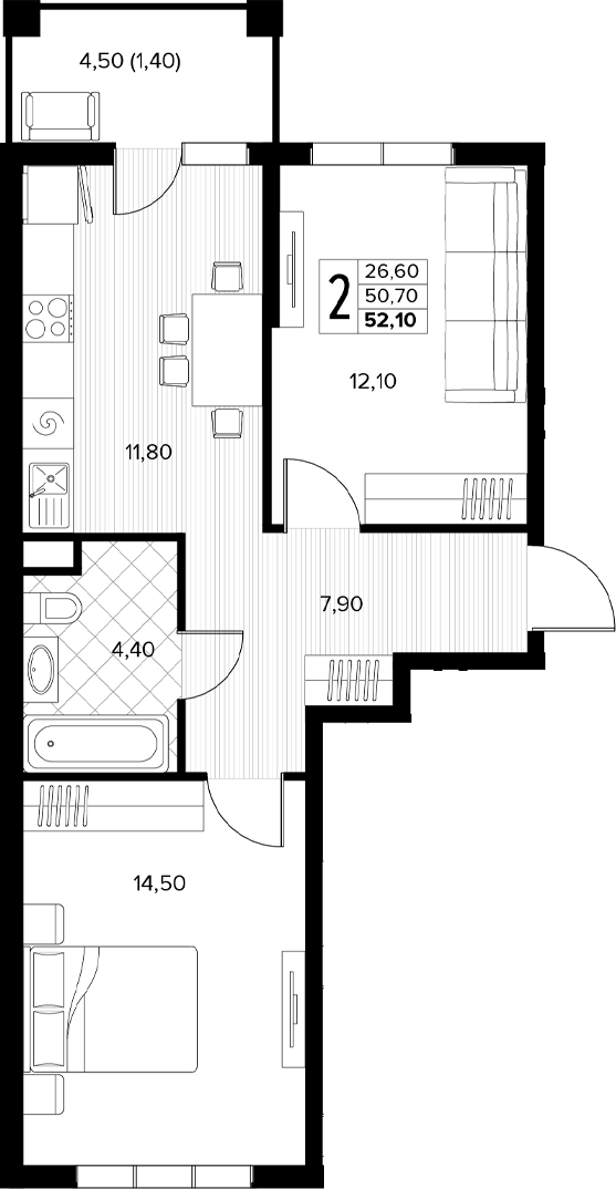 2-комн., 50.7 м², 2/6 этаж, ЖК «Кипарис»