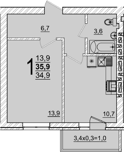 1-комн., 34.9 м², 4/5 этаж, ЖК «Дарград»