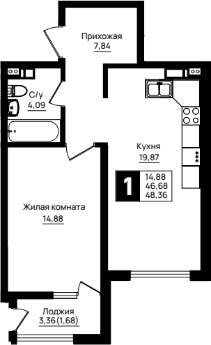 1-комн., 46.68 м², 8/9 этаж, ЖК «Резиденция морей»