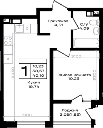 1-комн., 38.57 м², 9/9 этаж, ЖК «ЮЖНО»