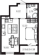 1-комн., 39.72 м², 2/9 этаж, ЖК «Суворов»
