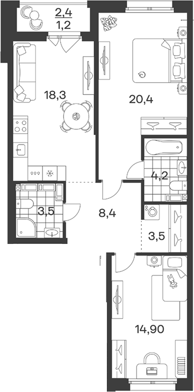 3-комн., 73.2 м², 6/12 этаж, ЖК «Символ. ГК Трест»