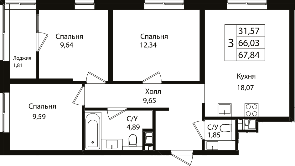 4+ комнаты, 66.03 м², 12/16 этаж, ЖК «Патрики»