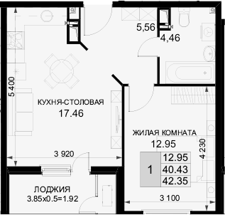 1-комн., 40.43 м², 15/18 этаж, ЖК «Фонтаны»