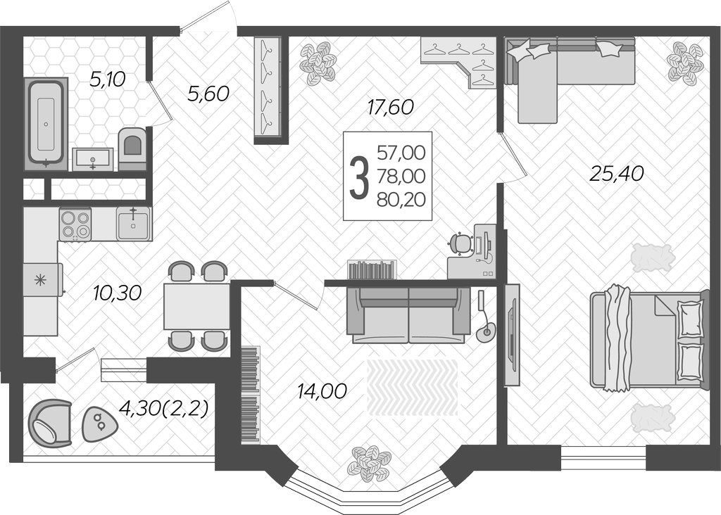3-комн., 78 м², 10/16 этаж, ЖК «Зеленодар»