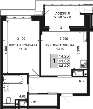 1-комн., 41.62 м², 14/16 этаж, ЖК «Сегодня»