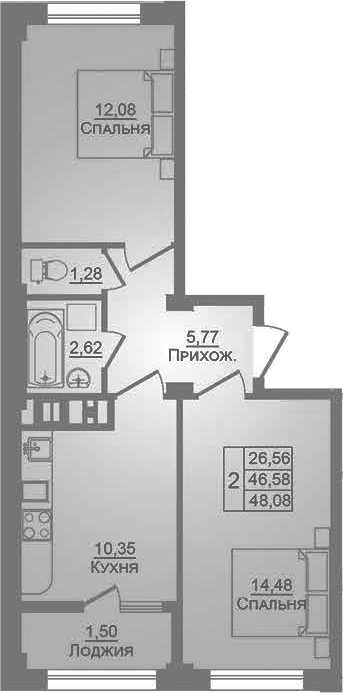 2-комн., 46.6 м², 9/9 этаж, ЖК «Портрет»