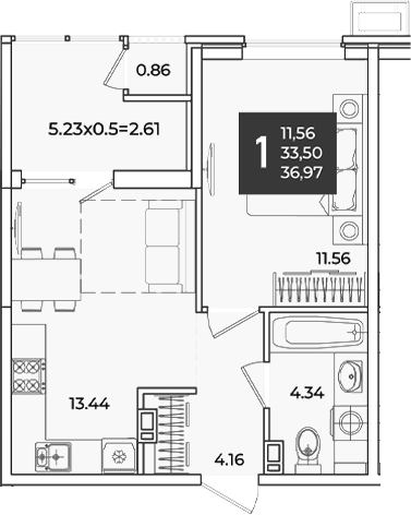 1-комн., 33.5 м², 8/18 этаж, ЖК «Образцово»