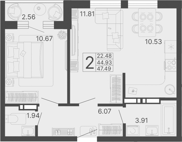 2-комн., 44.93 м², 3/20 этаж, ЖК «Светский лес»