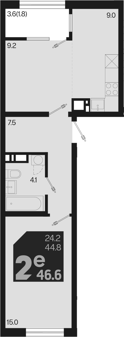 2-комн., 44.8 м², 8/9 этаж, ЖК «Первое место»