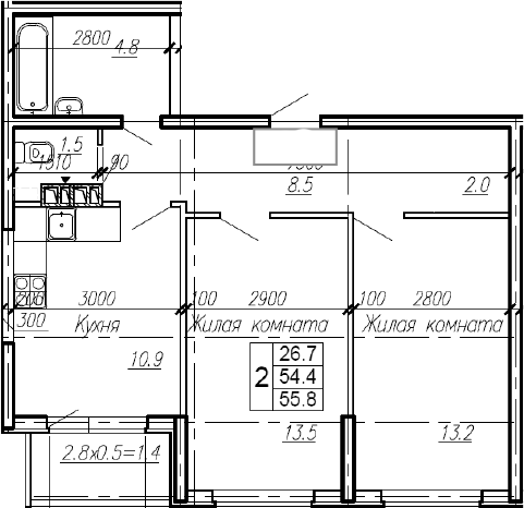 2-комн., 54.4 м², 1/4 этаж, ЖК «Эво»