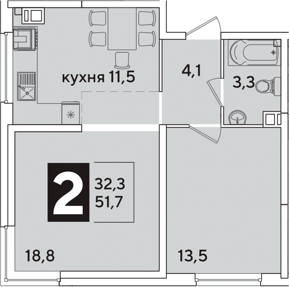 2-комн., 51.7 м², 4/16 этаж, ЖК «Самолет»