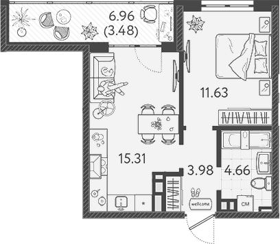 2-комн., 34.5 м², 2/9 этаж, ЖК «Друзья»
