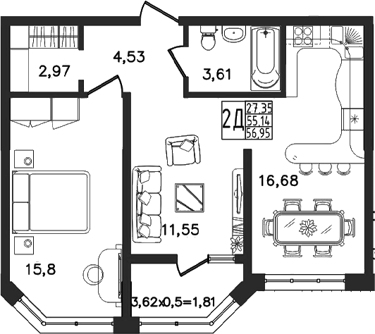 3-комн., 55.14 м², 1/16 этаж, ЖК «Яблоневый»