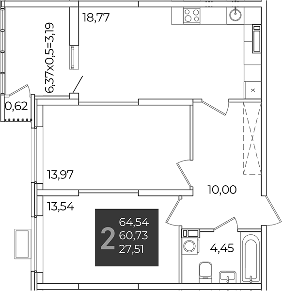 2-комн., 60.74 м², 19/21 этаж, ЖК «Образцово»