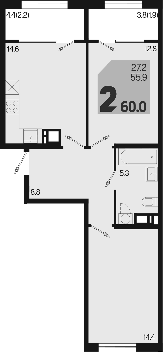 2-комн., 55.9 м², 8/9 этаж, ЖК «Первое место»