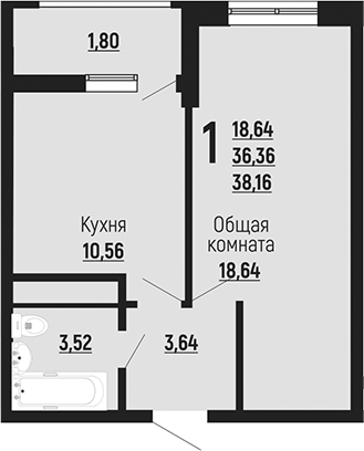 1-комн., 36.36 м², 19/24 этаж, ЖК «Славянка»