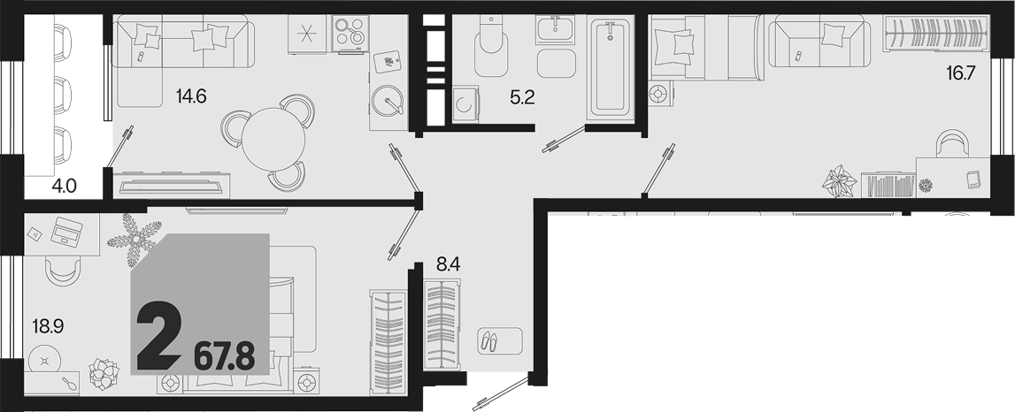 2-комн., 63.8 м², 6/18 этаж, ЖК «Первое место»