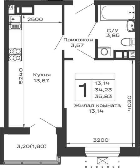 1-комн., 34.23 м², 6/13 этаж, ЖК «Долина»