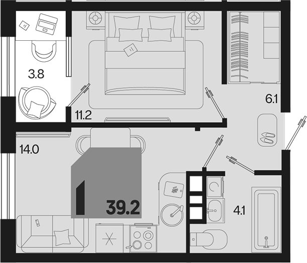 1-комн., 35.4 м², 5/9 этаж, ЖК «Первое место»
