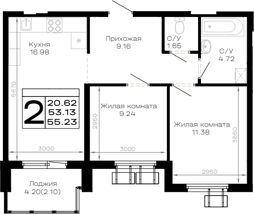 2-комн., 53.13 м², 2/4 этаж, ЖК «Усадьба Гостагаевская»