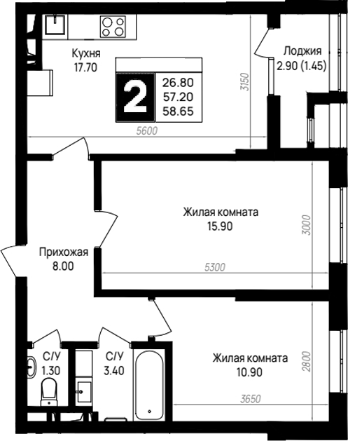2-комн., 57.2 м², 4/9 этаж, ЖК «На высоком берегу»