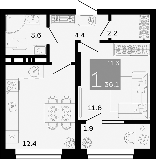 1-комн., 34.2 м², 3/9 этаж, ЖК «Хозяин Морей»