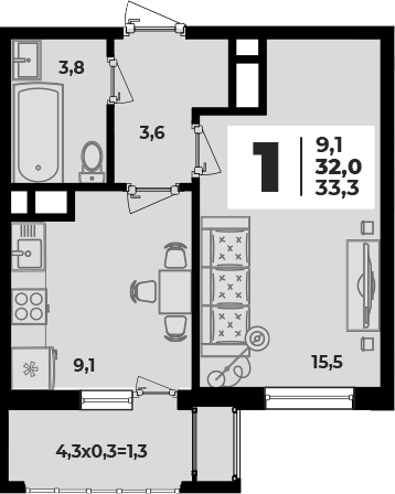 1-комн., 32 м², 5/8 этаж, ЖК «Родной дом 5»