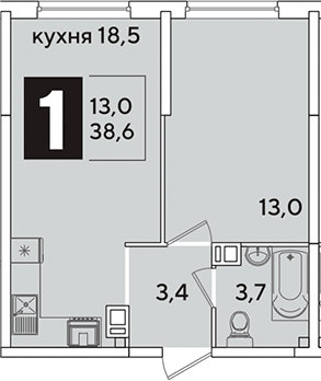 2-комн., 38.6 м², 7/16 этаж, ЖК «Самолет»