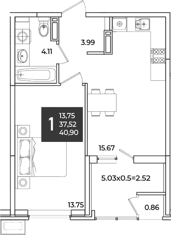1-комн., 37.52 м², 15/18 этаж, ЖК «Образцово»