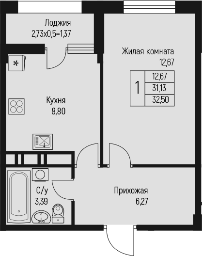 1-комн., 31.13 м², 10/10 этаж, ЖК «Ритм»